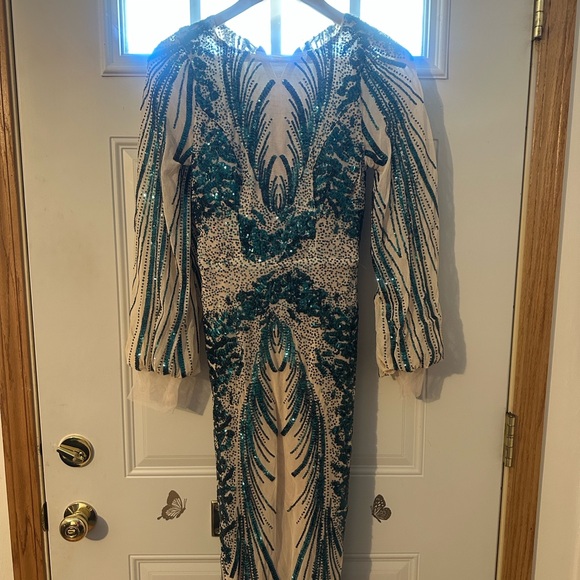 Elegant Sheer Illusion Gown with Teal Sequin Accents - Picture 6 of 11